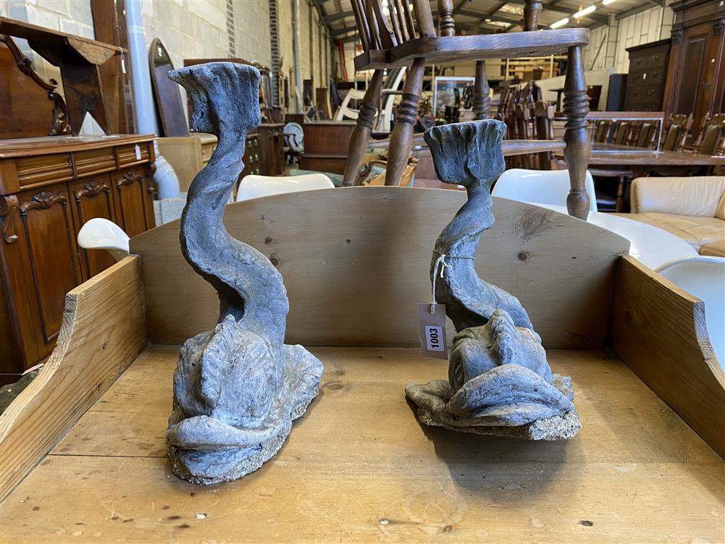 Two cast lead Florentine style dolphin garden ornaments, height 39cm